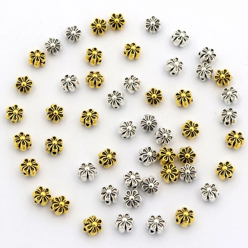 50 Stück tibetische Silber-Samen-Abstandshalter-Blumen-Metallperlen für die Schmuckherstellung, handgefertigte DIY-Armband- und Halsketten-Accessoires, Großhandel