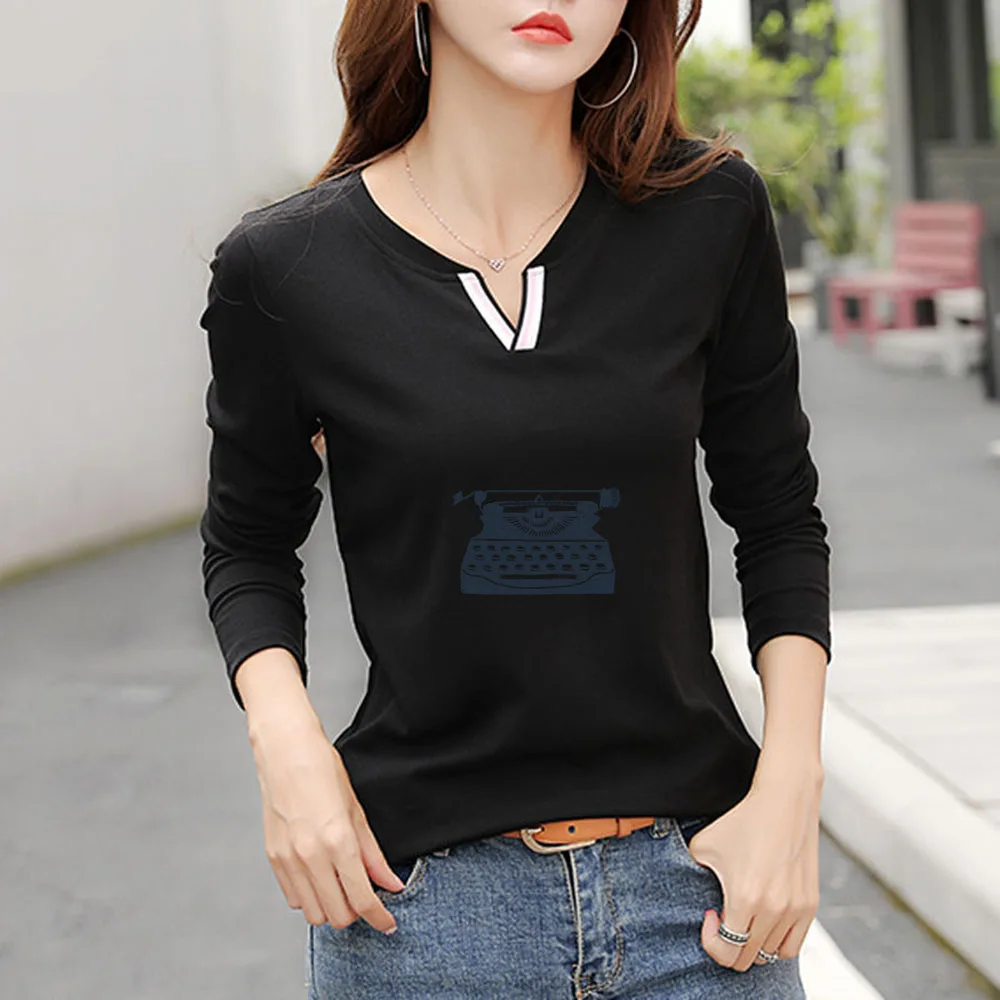 

2022 New V Neck 100% Cotton T Shirt Woman Autumn Fashion Long Sleeve Shirt Women's T-shirt Loose Korean Style Women Shirts #1165