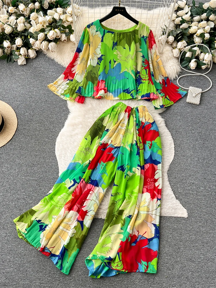 Autumn Women Draped Two Piece Set Bohemian Female Floral Pleated Short Blouse + High Waist Wide Leg Pants Chiffon Suit 2Pcs New