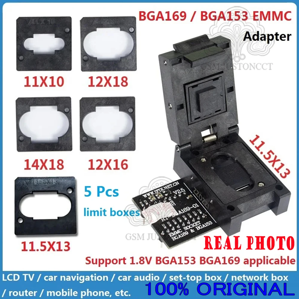 RT-BGA169-01 BGA169 / BGA153 EMMC Adapter v2.5 with 5pcs BGA Bounding Box for RT809H Programmer