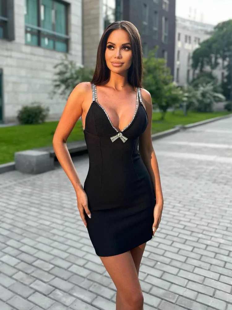 

2023 New Sexy Sleeveless V Neck Craystal Diamonds Black Midi Bodycon Women Celebrity Fashion Evening Party Dress Vestido