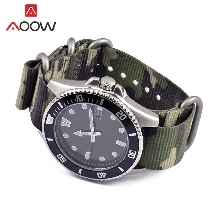 Camouflage Nylon Watch Band with Stainless Steel Ring Buckle, Men's Military Style, Adjustable