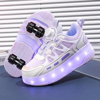 Children Four Wheels Luminous Glowing Sneakers Black Pink Led Light Roller Skate Shoes Kids Led Shoes Boys Girls USB Charging 1