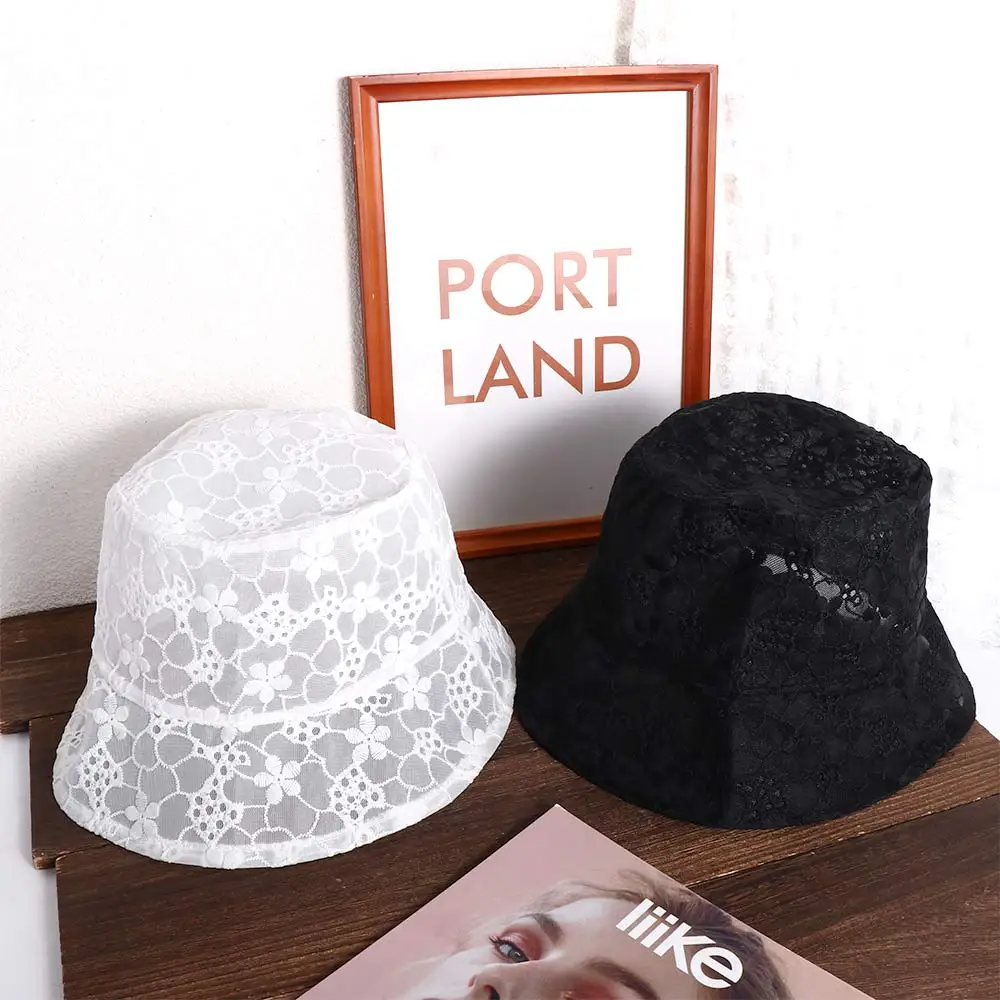Women Bucket Hat Summer Lace Bucket Hats Female Vintage Mesh Thin Breathable Flower Hollow Sun Hat Sunscreen