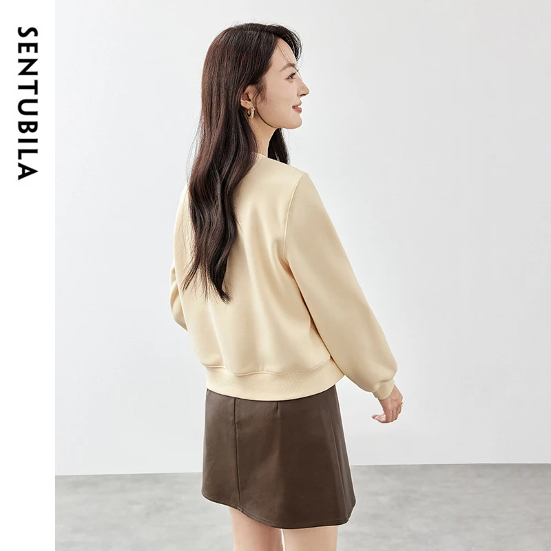 SENTUBILA Embroidery Woman Sweatshirts Pullovers 2024 Winter Straight Cotton Thick Cropped Round Neck Basic Tops 144A57100 2