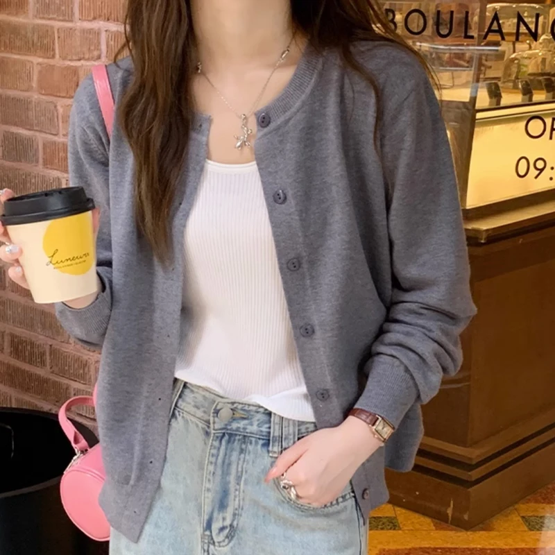 Autumn and Winter New Women's Clothing Crew Neck Cardigan Long-sleeved Sweater Elegant Single-breasted Knitwear Solid Color Coat