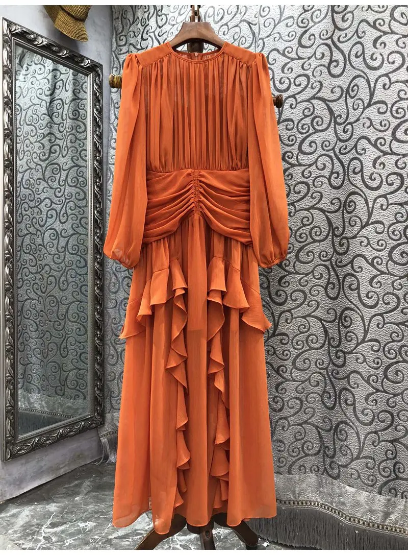 

New 2022 Autumn Long Dress High Quality Women Ruffle Floral Deco Long Sleeve Pleated Maxi Dress Ladies Orange Dress Chiffon
