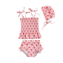 

3Pcs Baby Girls Clothing Cute Swimwear Heart Print Frilly Tank Tops Shorts Hat Swimsuit for Toddlers Infants 0-24 Months