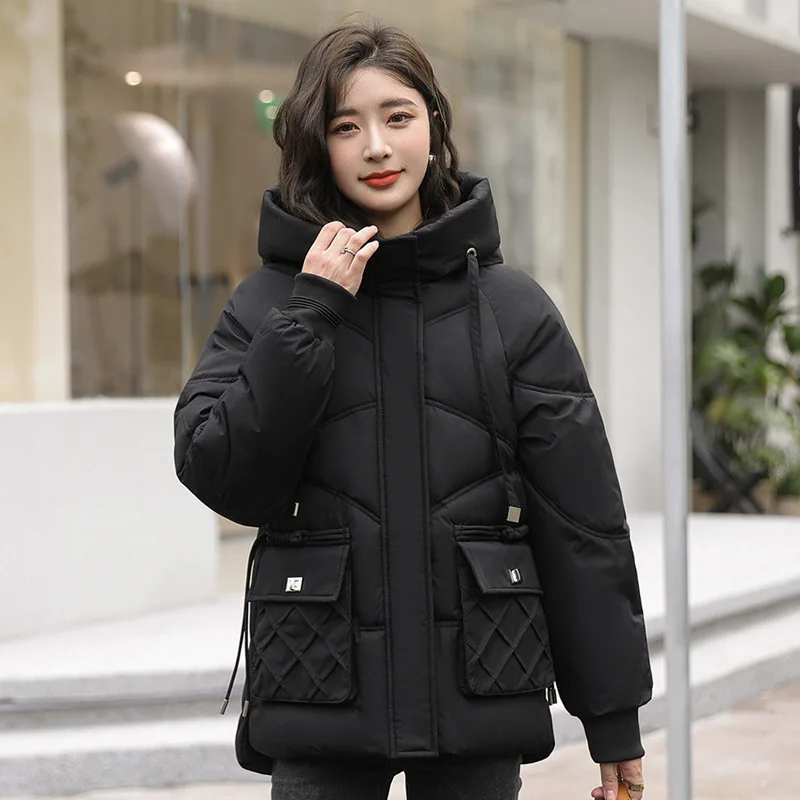 

Women's winter down padded jacket short Korean fashion hooded warm white bread coat long sleeve women's coat