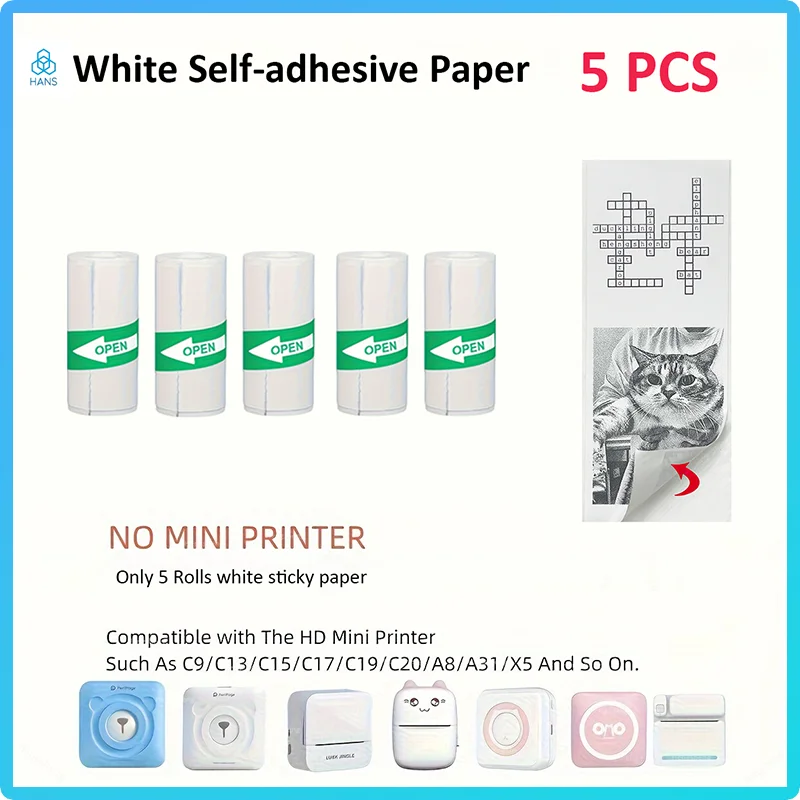 5롤 57x25mm BPA 프리 흰색 감열 스티커 용지, 즉석 카메라, 사진, 저널 및 창의적인 프로젝트에 적합