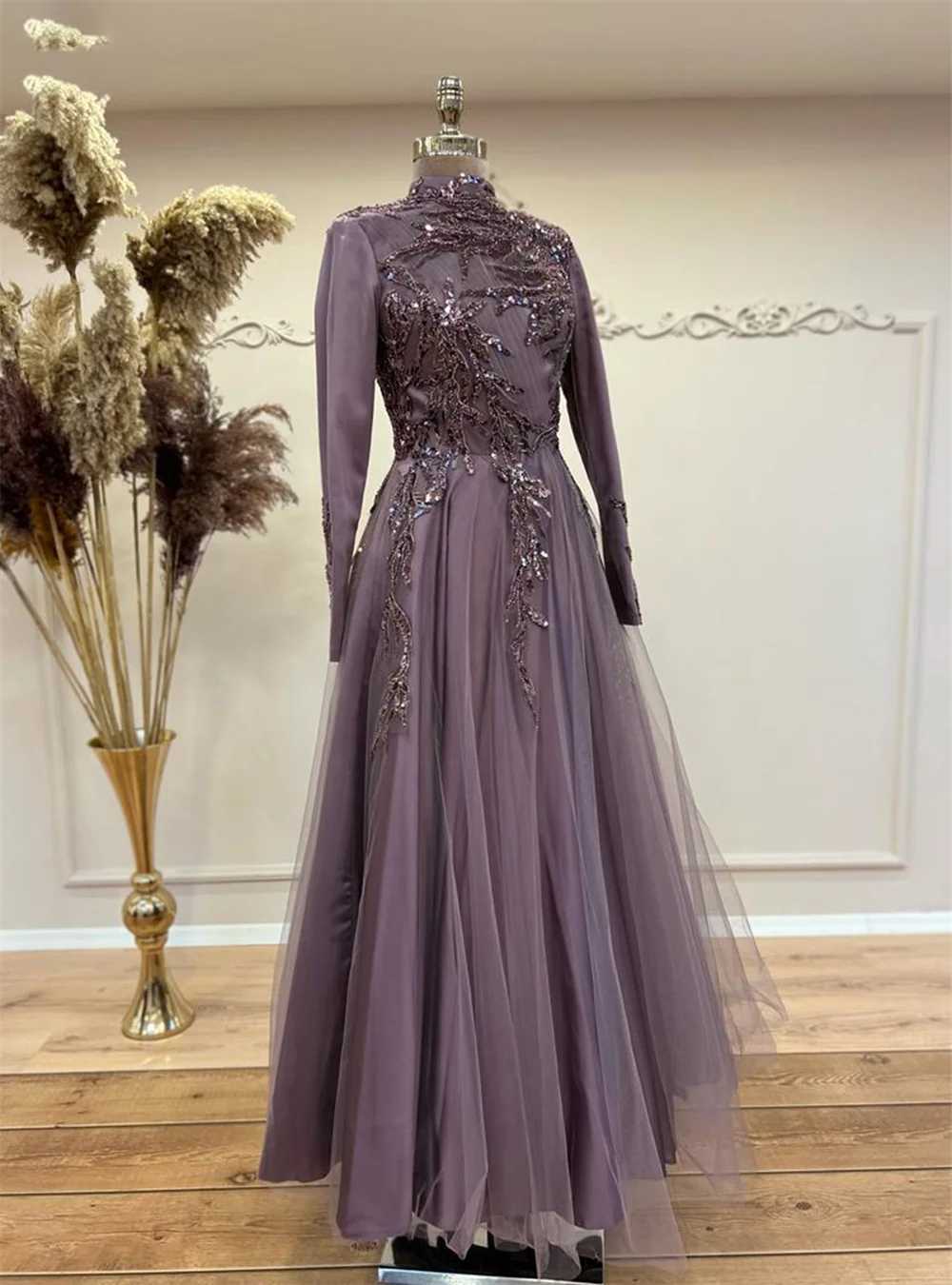 Amanda Elegant High Neck Prom Dress 2023 Sequins A-line Evening Dress Beading Embroid Party Dress Modest فساتين مناسبة رسمية