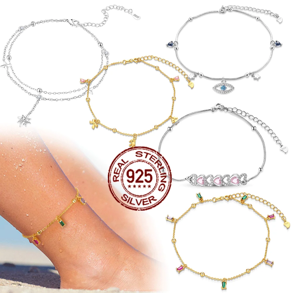 Anklets for Women Summer Beach Accessories 925 Sterling Silver Zircon Chain Anklet Gold Color Leg Bracelets Bodychain Gifts
