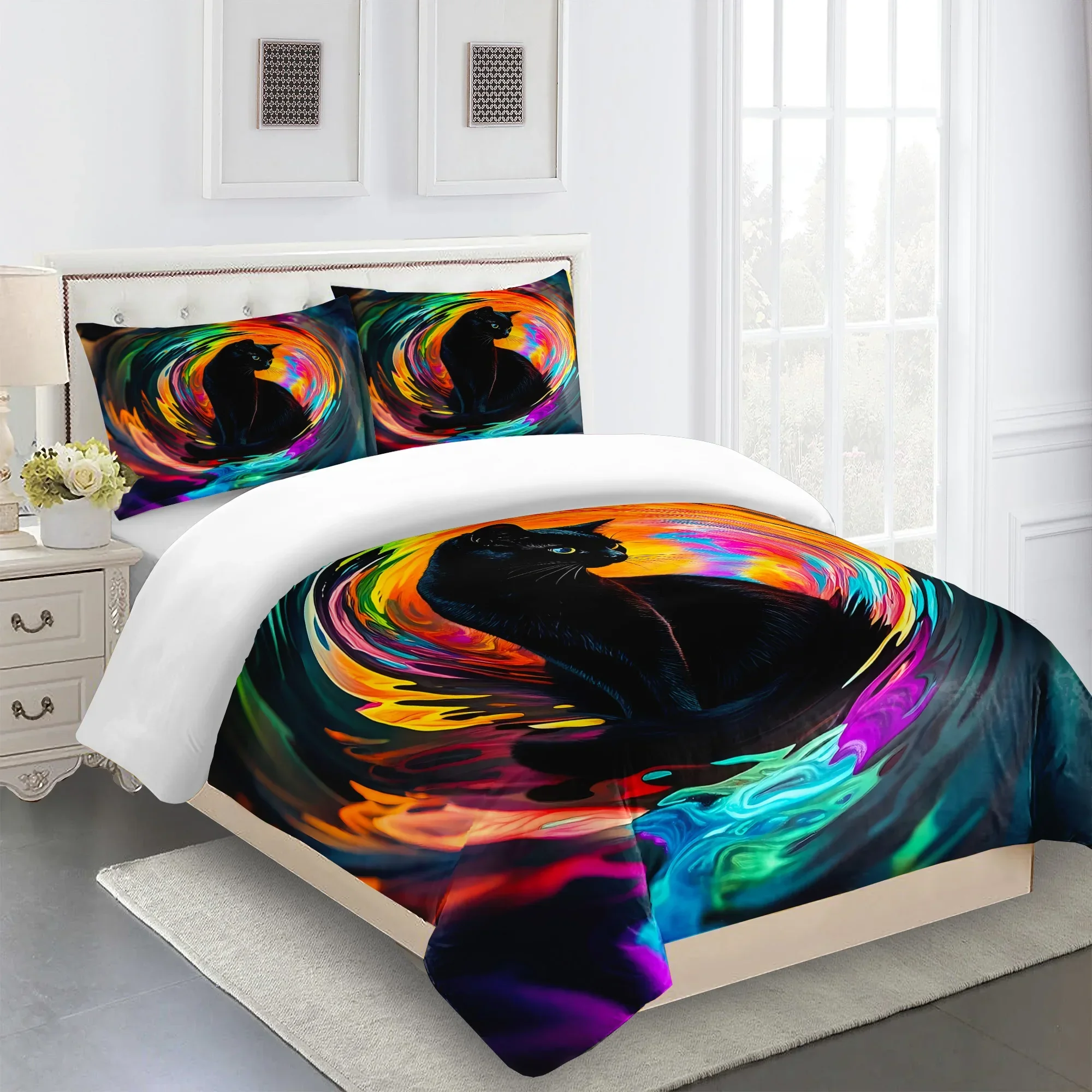 Black Cat Duvet Cover Set Cartoon Cat Bedding Set for Kids Boys Girls Mysterious Void Individual Pillowcase, Duvet Cover or Set