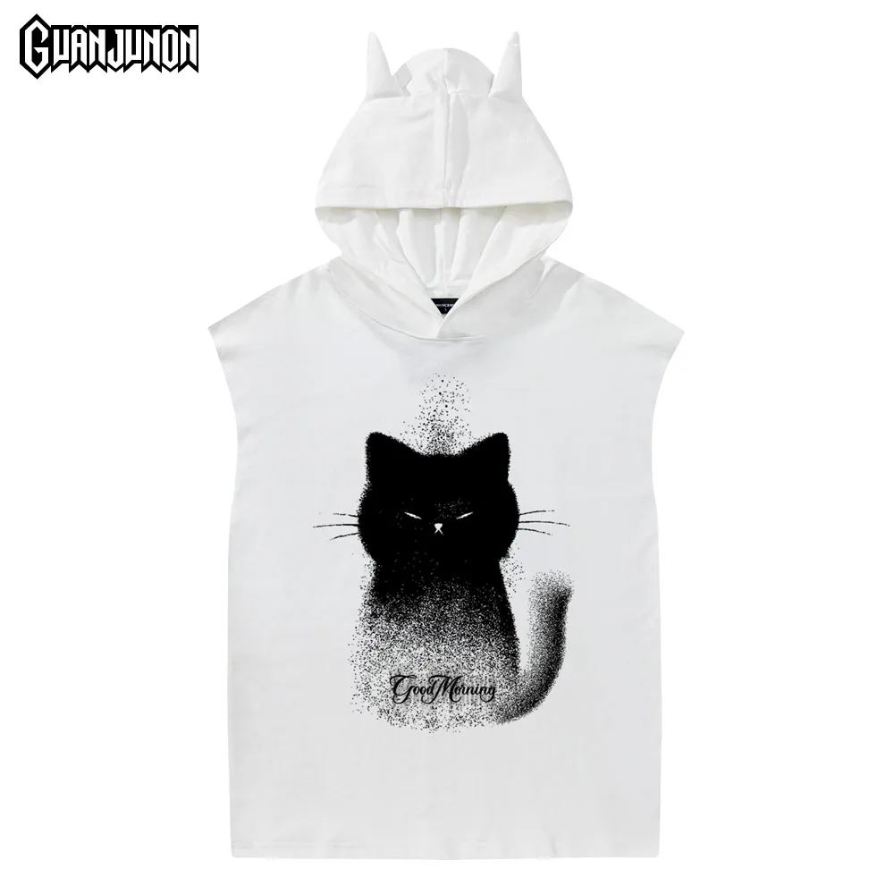 

Hooded Tank Top Men Oversized T-shirt Cotton Tee Print Cat Gym Mens Clothing Camisetas Sin Mangas Hip Hop Streetwear Berserk Y2k