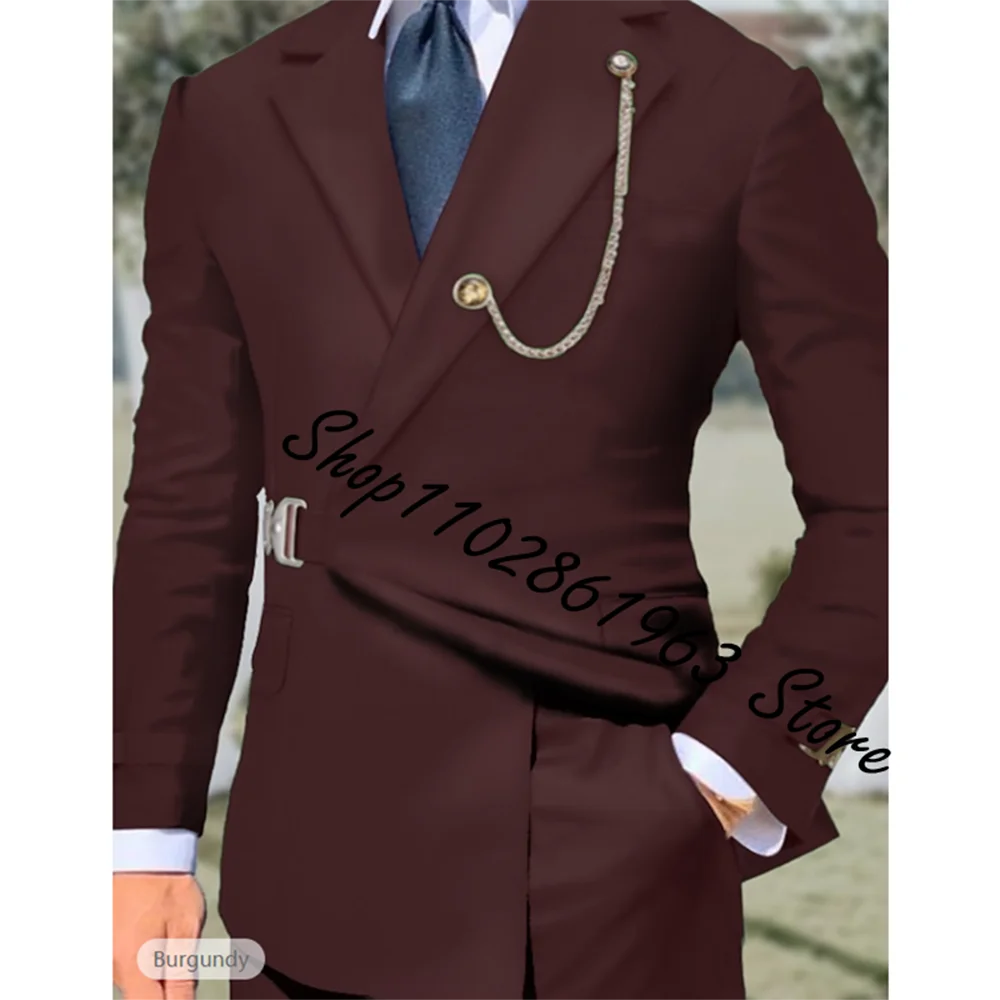 

Tailor Made Burgundy Men Suits Notched Lapel Men Blazer Two Pieces Jacket Pants Slim Fit Groom Wedding Tuxedos Costume Homme