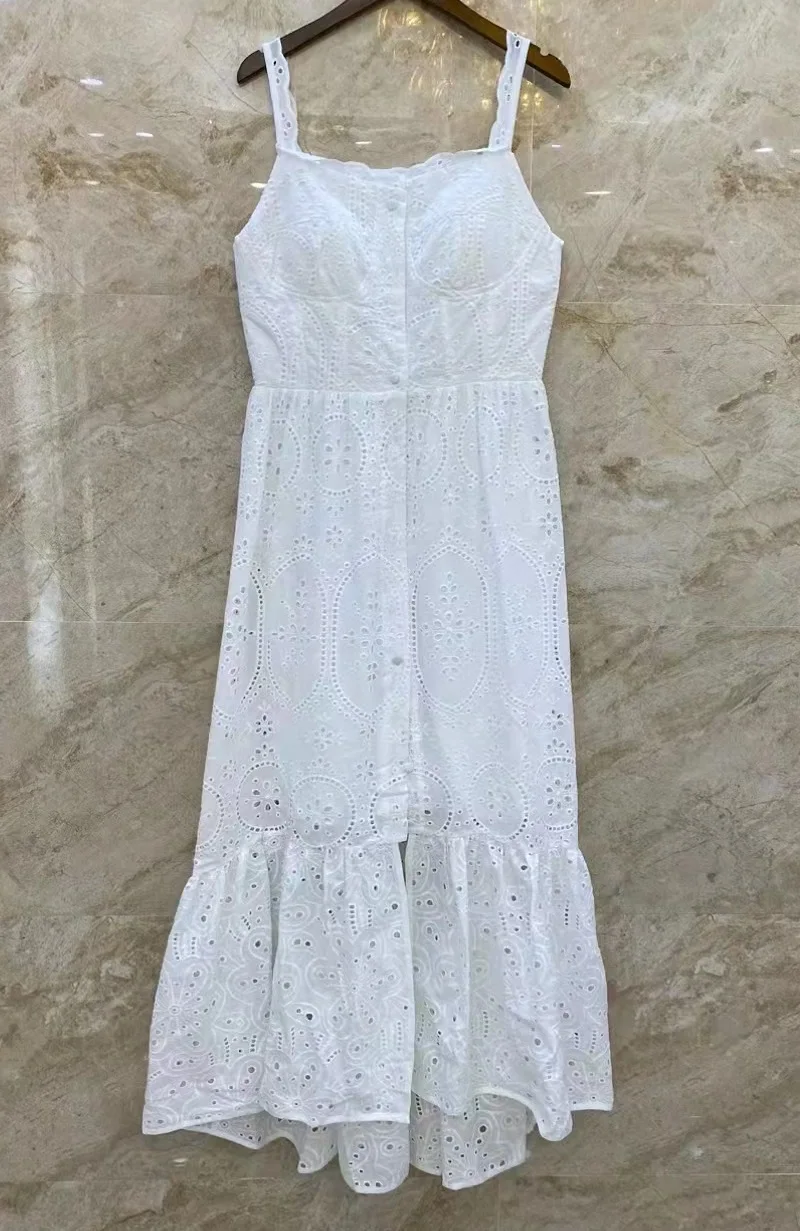 

New 2023 Summer Long White Black Dress High Quality Ladies Spaghetti Strap Allover Hollow Out Embroidery Casual Beach Dress Maxi