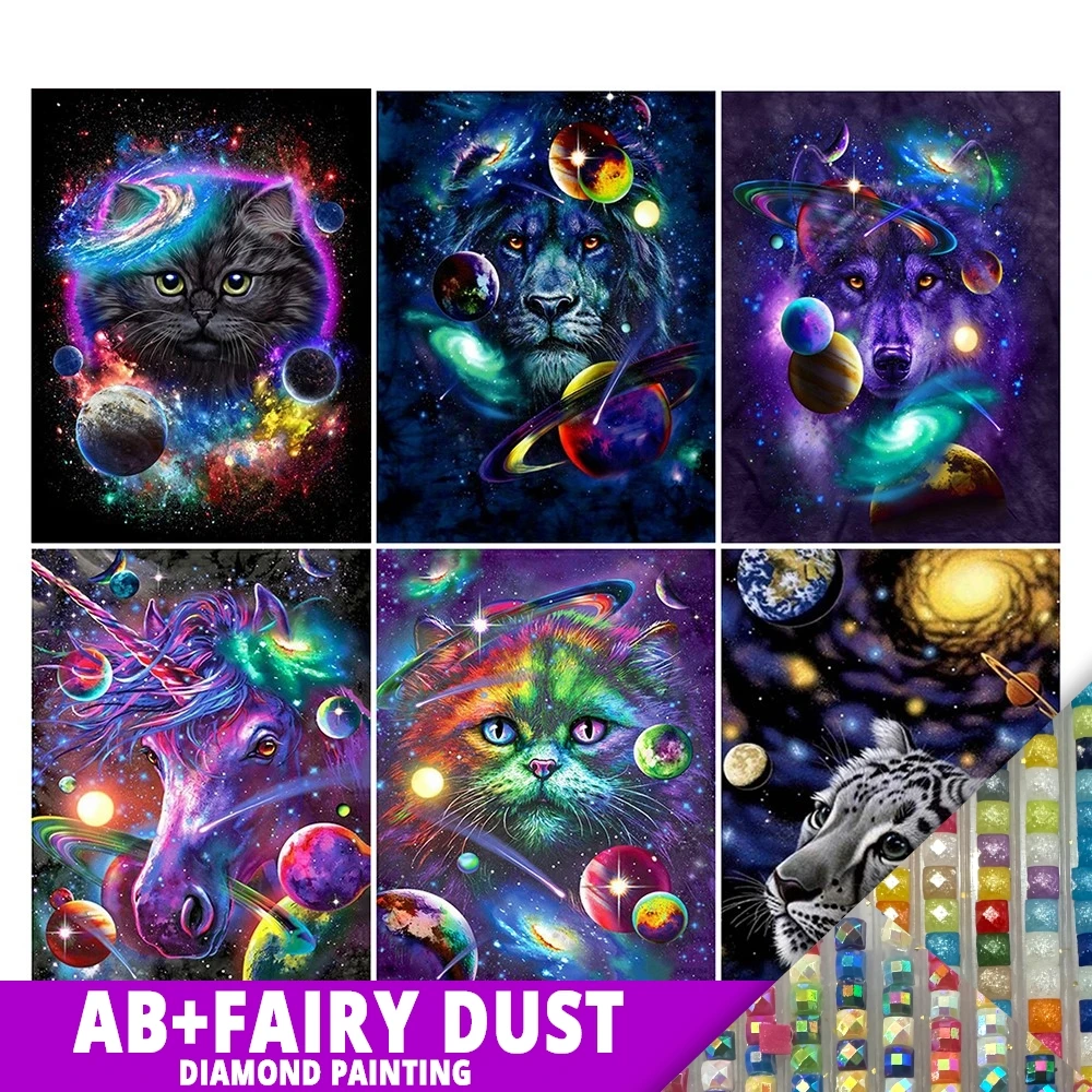 

AB Fairy Dust Diy 5d Full Embroidery Animal Square Round Diamond Planet Cat Horse Wolf Lion Mosaic Furniture Decor Hobby Gift