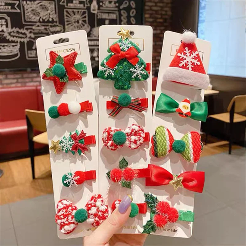Christmas Bow Hairpin Cartoon Fabric Bell Elk Snowflake Christmas Tree Hairpin Set Christmas Headbands Baby Hair Gift