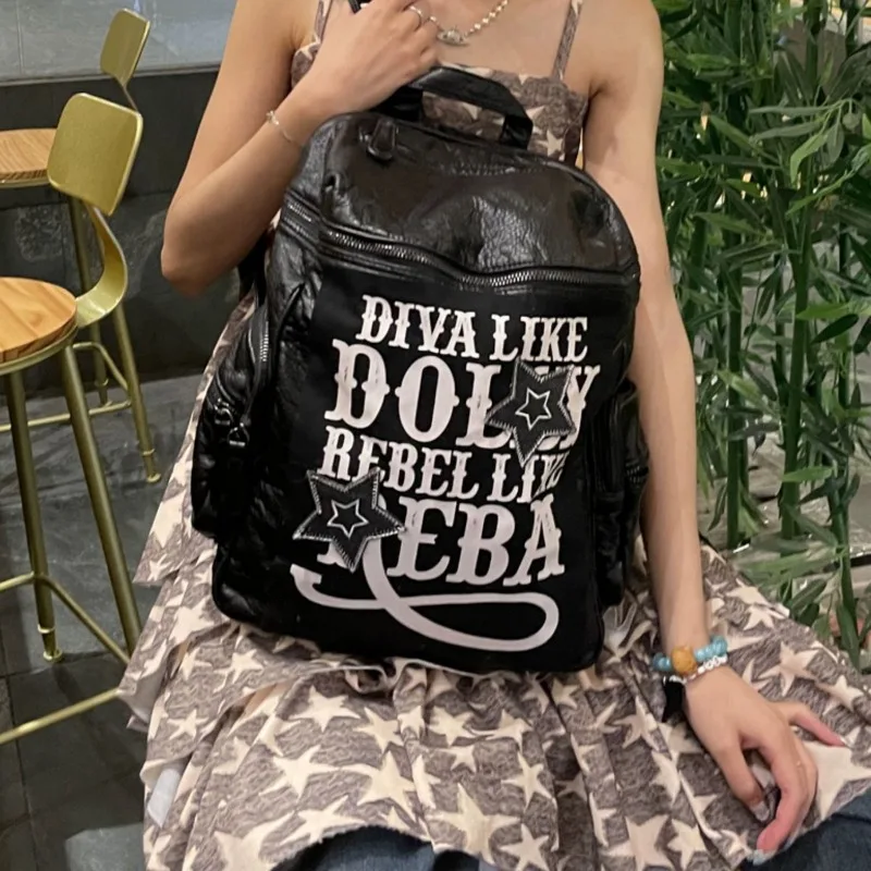 Xiuya Y2k Gothic Womens Backpack Vintage Letter Punk Leather Fashion Mens Backpacks Original Harajuku 2024 Designer Luxury Bag