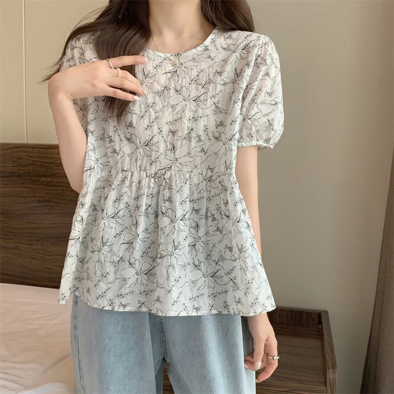 S-4XL Large Size Chiffon Blouses Women Summer Fashion Loose Short-sleeve Floral Shirts Oversize Round Neck Thin Chic Tops Female