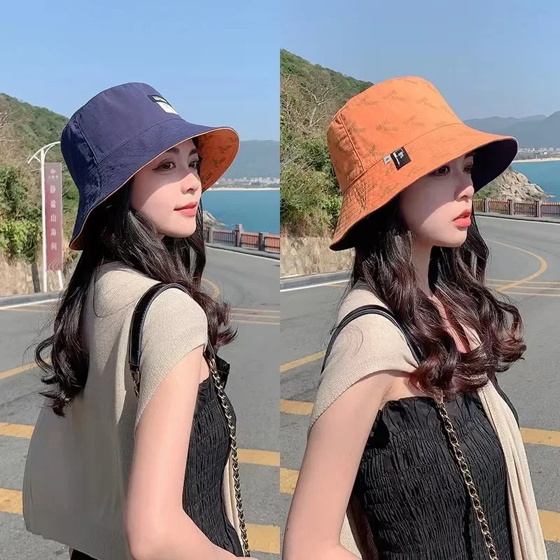 Women Bucket Hat Double-sided Wear Korean Fashion Letter Print Fisherman Hat For Girl Summer Outdoor Beach