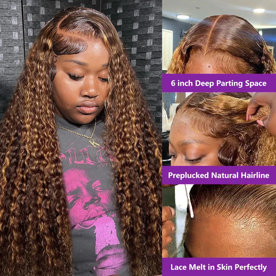 Human Hair Wig Highlight Honey Blonde Curly Water Wave 13x6 HD Lace Frontal 100% Human Hair Ombre Deep 4x4 Wig