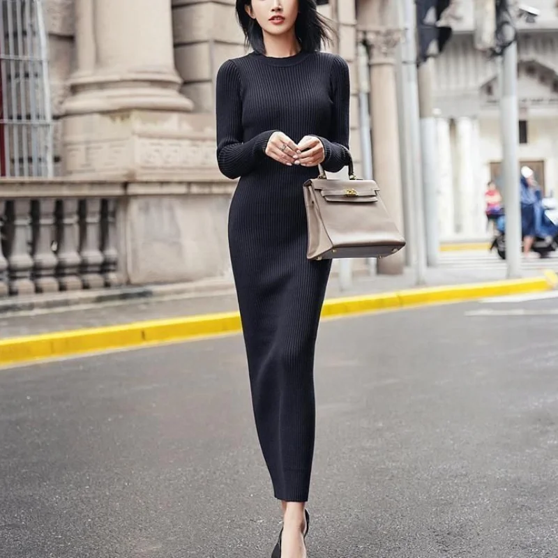 

Women's Autumn and Winter New Round Neck Pullover Knitted Dress Fashion Simple Solid Versatile Long Sleeved Straight Tube Skirt