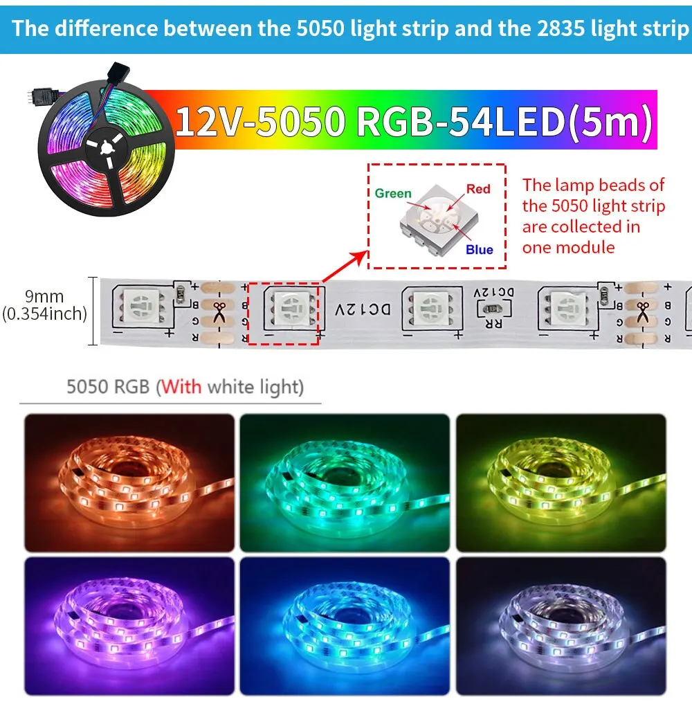 Tuya Smart Life LED Light Strip Bluetooth Control DC12V 5M SMD 5050 54LEDs/M Fle
