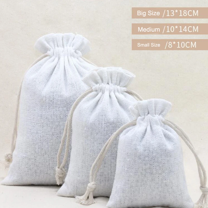 50PCS/Lot 8x10 10x14 13x18cm Bleached White Cotton Bags Drawstring Pouches Gift Storage Bags Customized Printing Logo