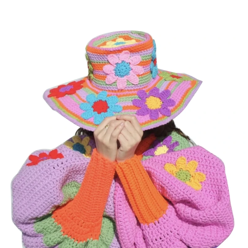 

Sweet Girls Crochet Bucket Hat Ladies Cowboy with Flower Pattern Woman Teenagers Casual Summer Cowboy Hat Dropship