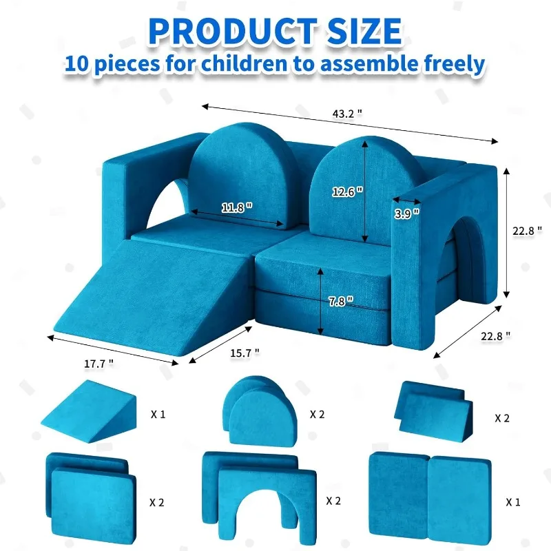 10PCS Modular Kids Play Couch 10 in 1 Toddler Couch for Playing, Creativing Sleeping, Indoor Kids Sofa for Boys and Girls (Blue) 2