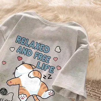 Cute Cartoon Lazy Cat Letter Print Summer Couple Short Sleeved T-shirt Loose Casual Women's Top 1
