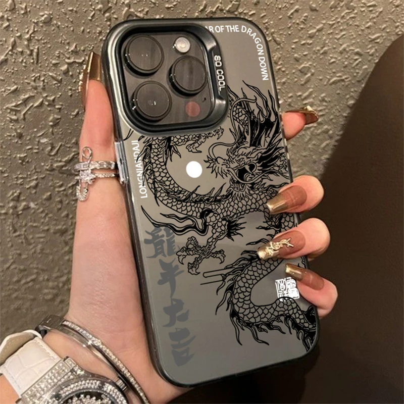 Luxury Dragon Totem Anti-drop Armour Case For iPhone 15 Pro Max 15 14 13 12 11 Pro XR XS 7 8 Plus Lens protect plating Cover