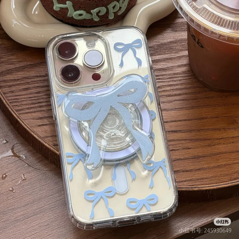 【Trending in Fashion】 Cute Pink Blue Bowknot For Magsafe Magnetic Phone Holder Griptok Grip Tok Stand For Foldable Wireless Charging Case Ring.