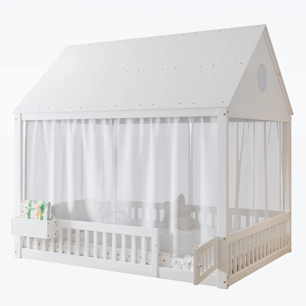 140x200cm Weißes Einzelbett, Babybett, Filigrane Fenster- und Dachdetails, mit Weißen Vorhängen und Kleinem Stauraum – Detail 17
