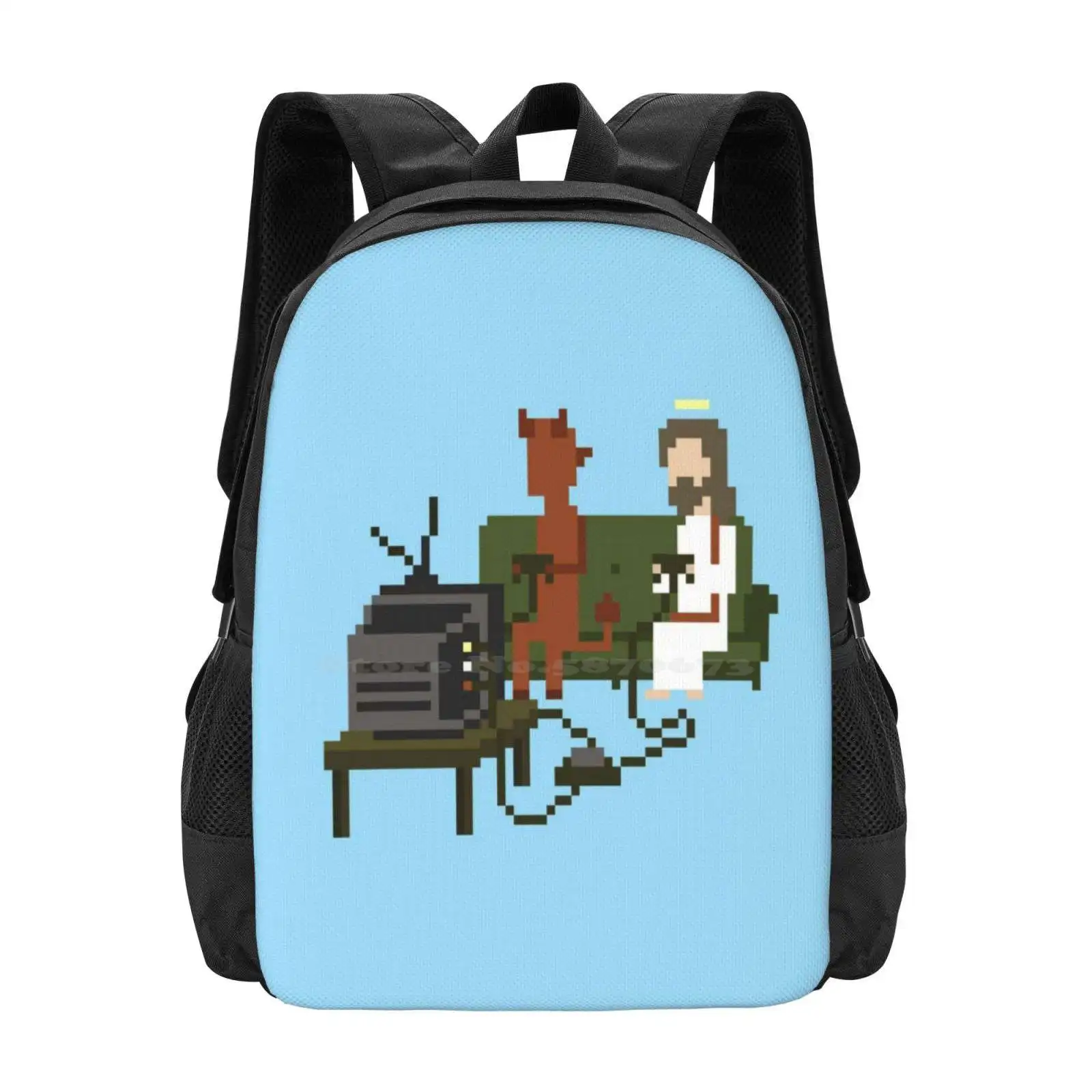 

Jesus And Devil Playing Video Games Pixel Art 3D Print Design Backpack Student Bag Jesus Devil Satan God Bible Holy Gaming