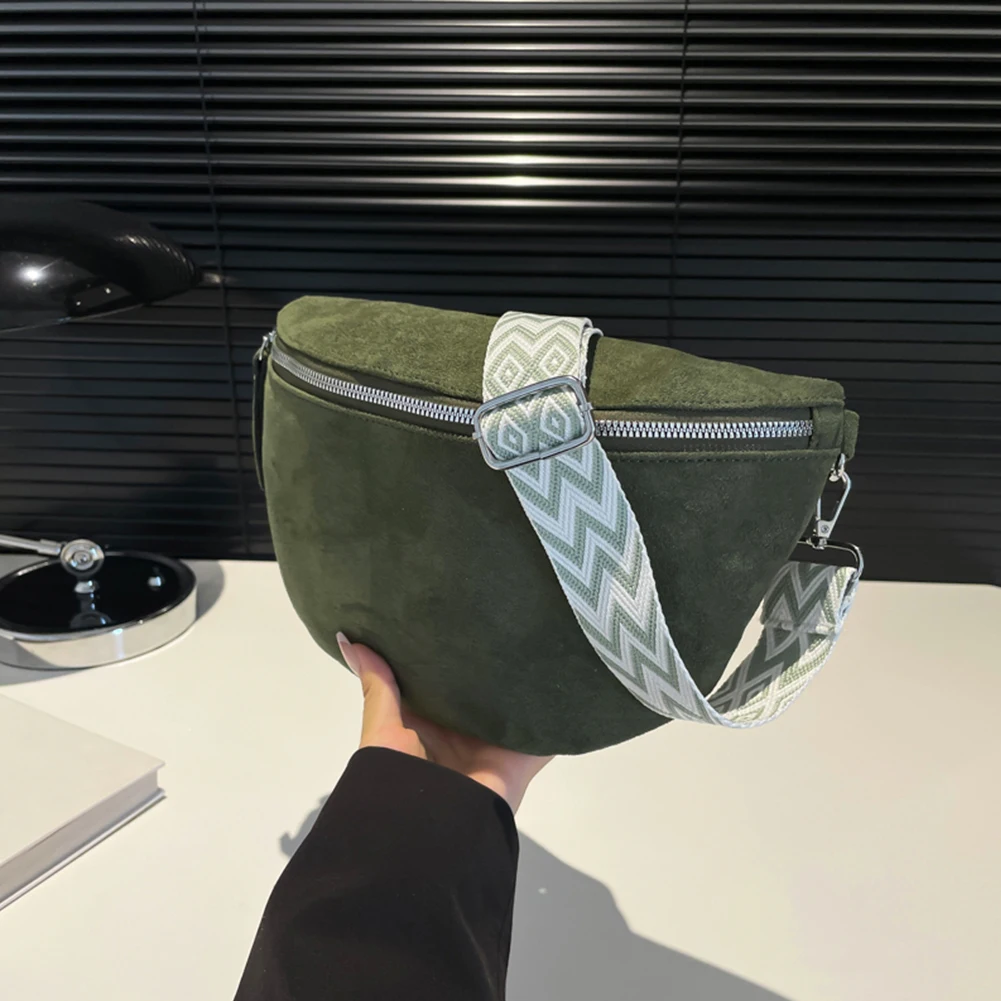 Women Faux Suede Crossbody Bag Wide Patterned Strap Shoulder Bag Solid Color Sling Bag for Work Travel