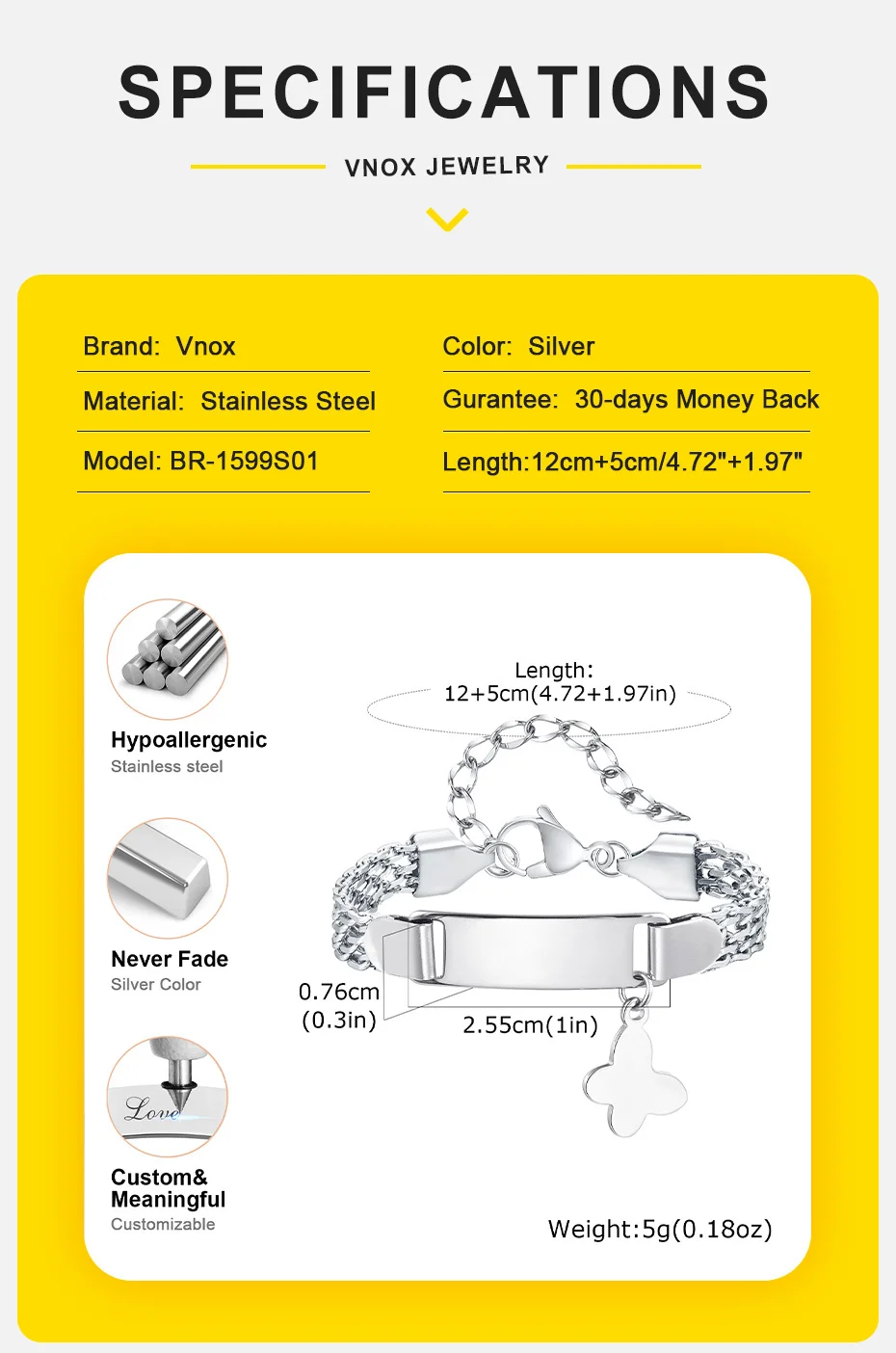 Vnox Kostenloses individuelles Kinderarmband für Jungen und Mädchen, Edelstahl-Text-Namensschild, Schleife, Anhänger, Riemen, Kettenarmband, Schmuck – Detail 6