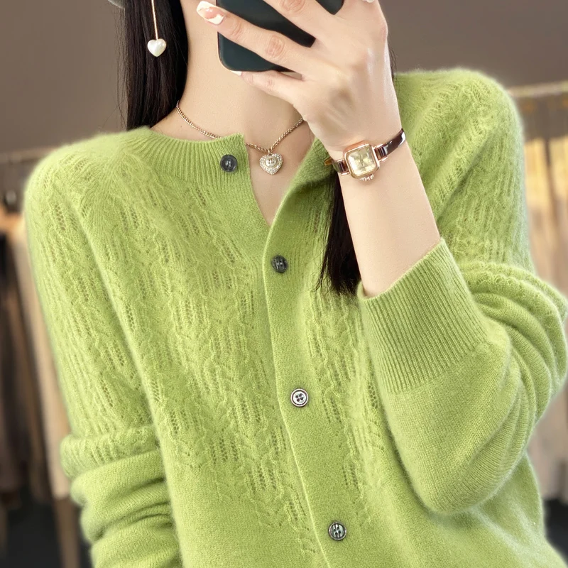 

Autumn and winter women's long sleeves, round neck, hollowed out, warm and elegant cashmere-knit cardigan jacket, women's wool f