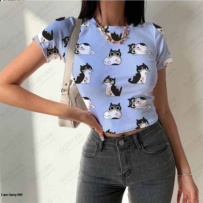 

Summer Women's Short Sleeve Round Neck T-shirt Sexy 3D Printing Temperament Retro Tight Fit Women's Fragmented Short Sleeve Top
