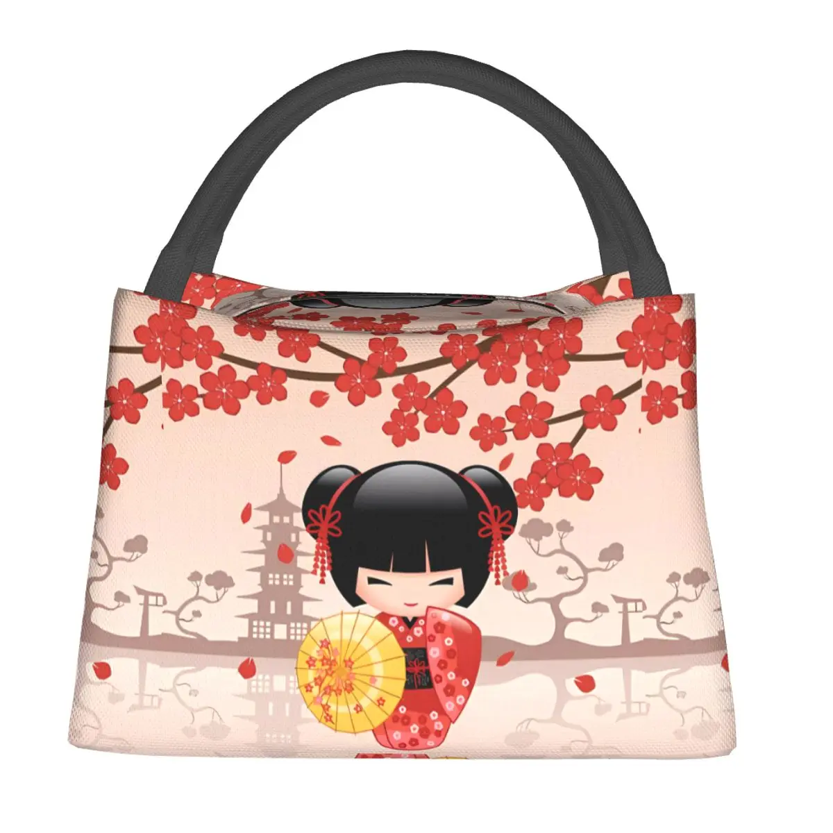 

Японская красная сумка для ланча Sakura, кукла Kokeshi, многоразовая Милая женская коробка для ланча, повседневные термальные сумки для ланча