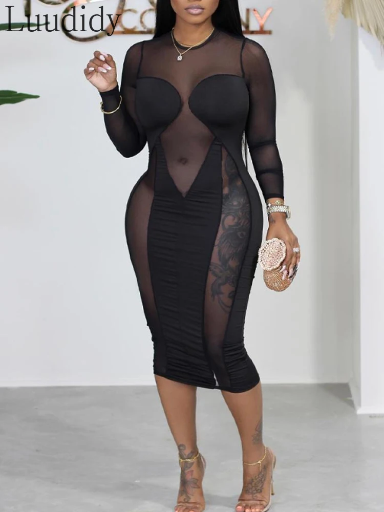 

Женское сексуальное облегающее прозрачное Сетчатое платье с длинным рукавом и круглым вырезом