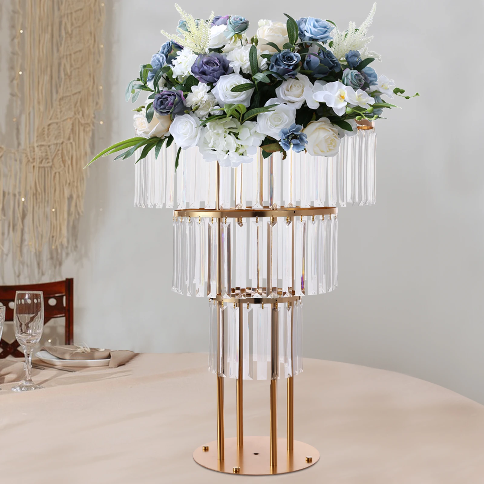 Gold Wedding Crystal Flower Stand Freestanding Floral Racks Round Pedestal Stands Crystal Party Decorations 3Tiers