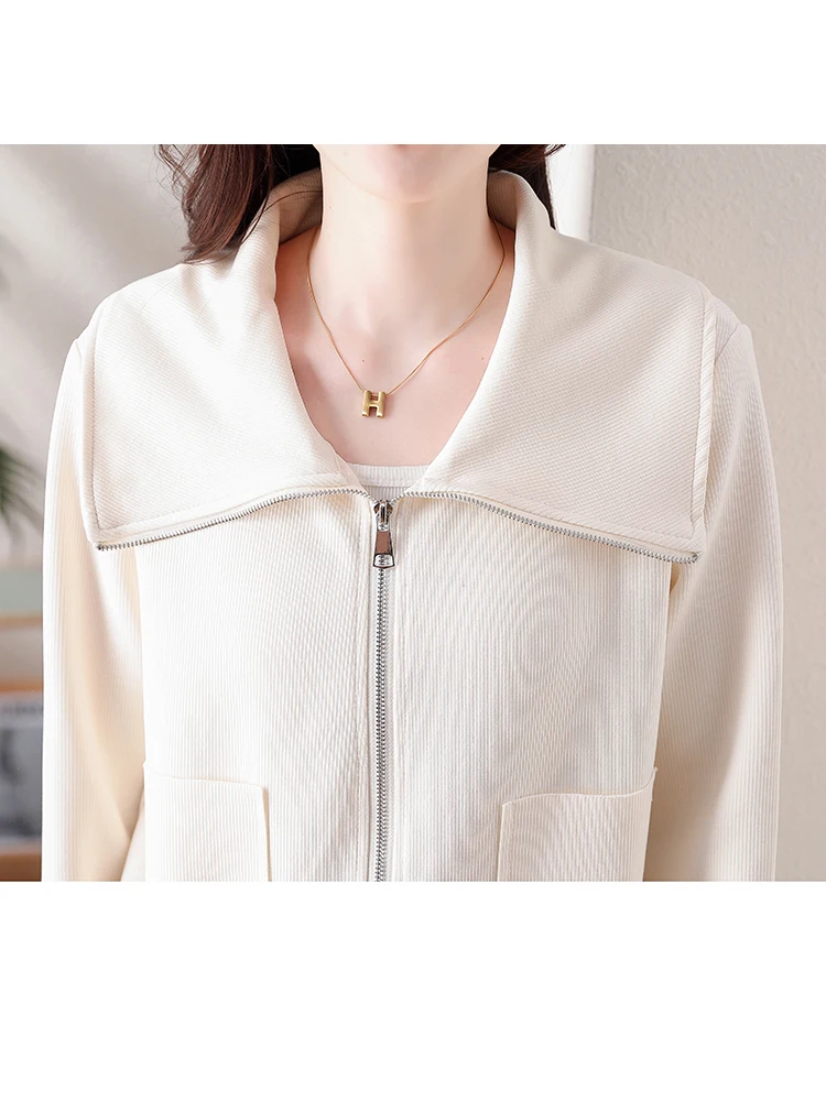 Thin Spring Autumn Zipper Sweatshirts Women New Big Lapel Loose Casual Beige Jacket Coat Female Streetwear Plain Fashion Coat