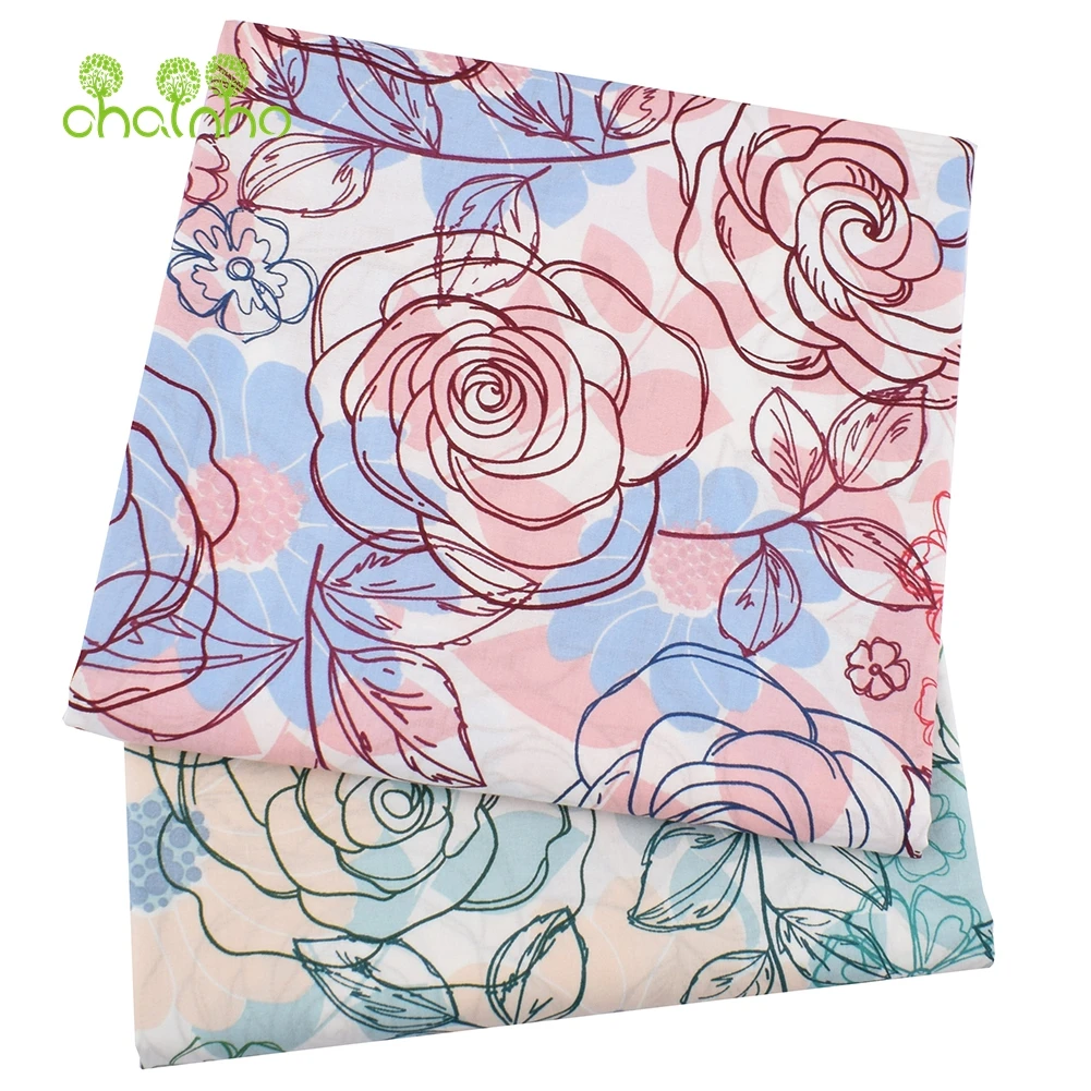 Chainho,Printed Plain Weave Poplin Cotton Fabric,DIY Sewing Quilting Material,Patchwork Cloth,Floral Series,3 Big Sizes,15PC32