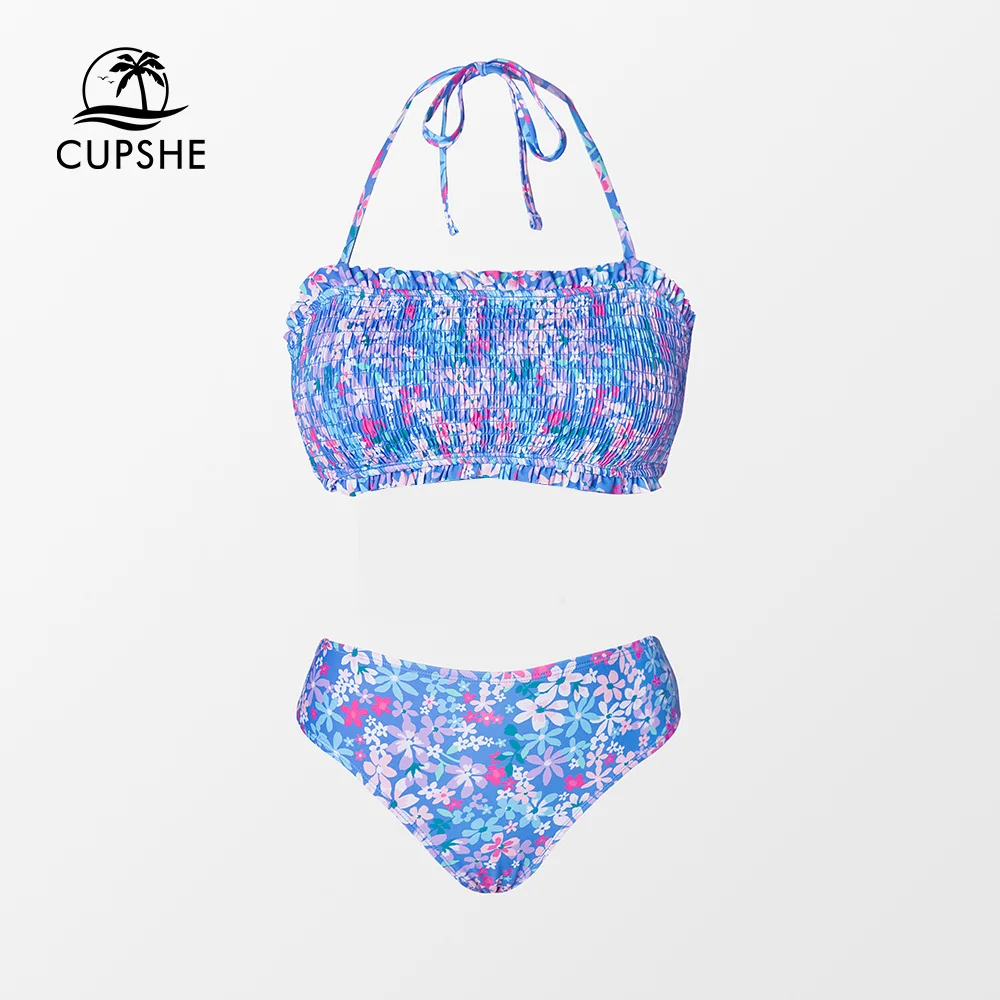 Cupshe Smocked Tie Back Bandeau Mid Waist Bikini Sets Swimsuit For Women Sexy Two Pieces Beachwear Bathing Suit Swimwear women swimsuit women two piece sets
