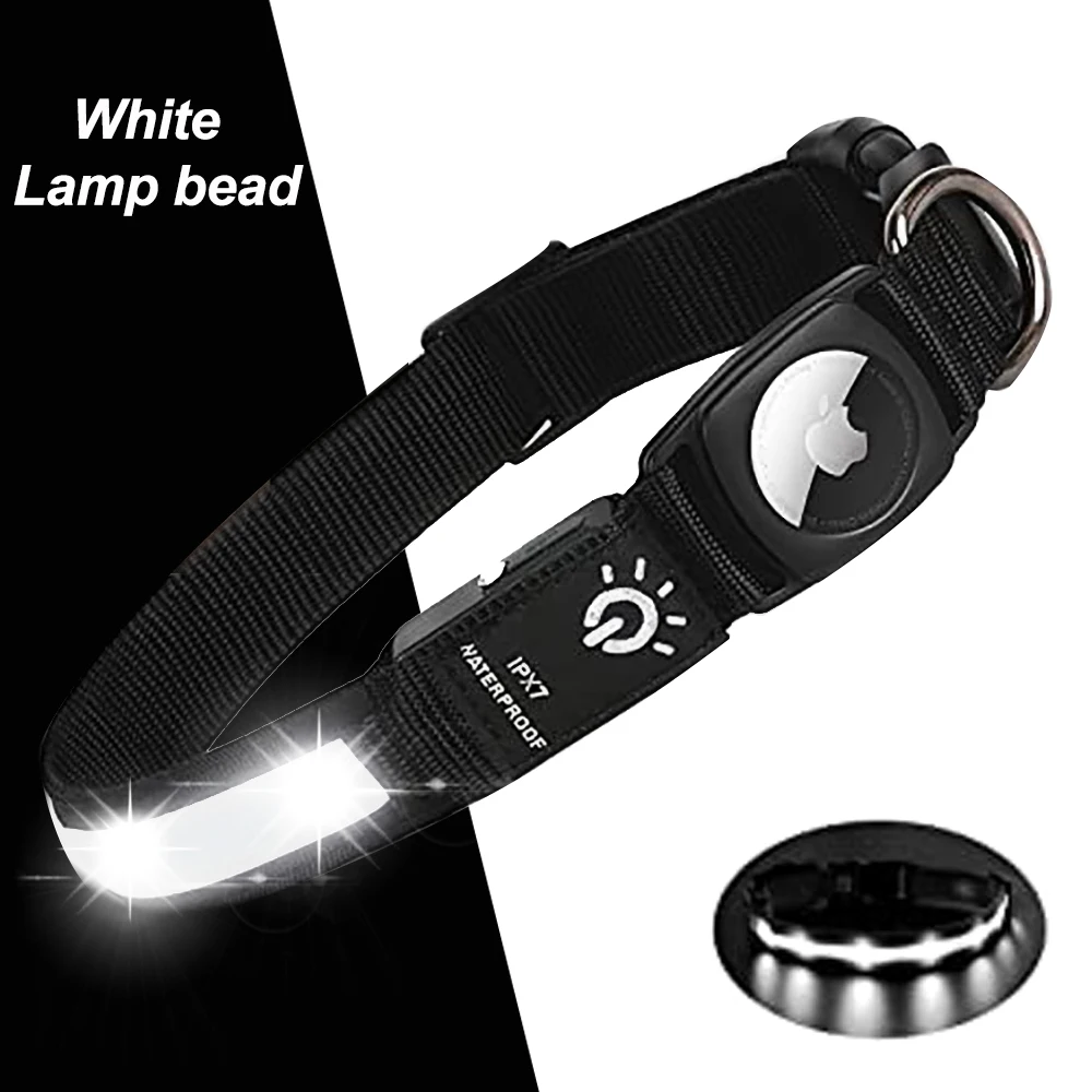 A product shot of the black collar against a split black-and-white background. The LED section is turned on, emitting a bright white light labeled "White Lamp bead." An IPX7 waterproof stamp is visible near the power button, and an AirTag is shown securely seated in the integrated holder.
