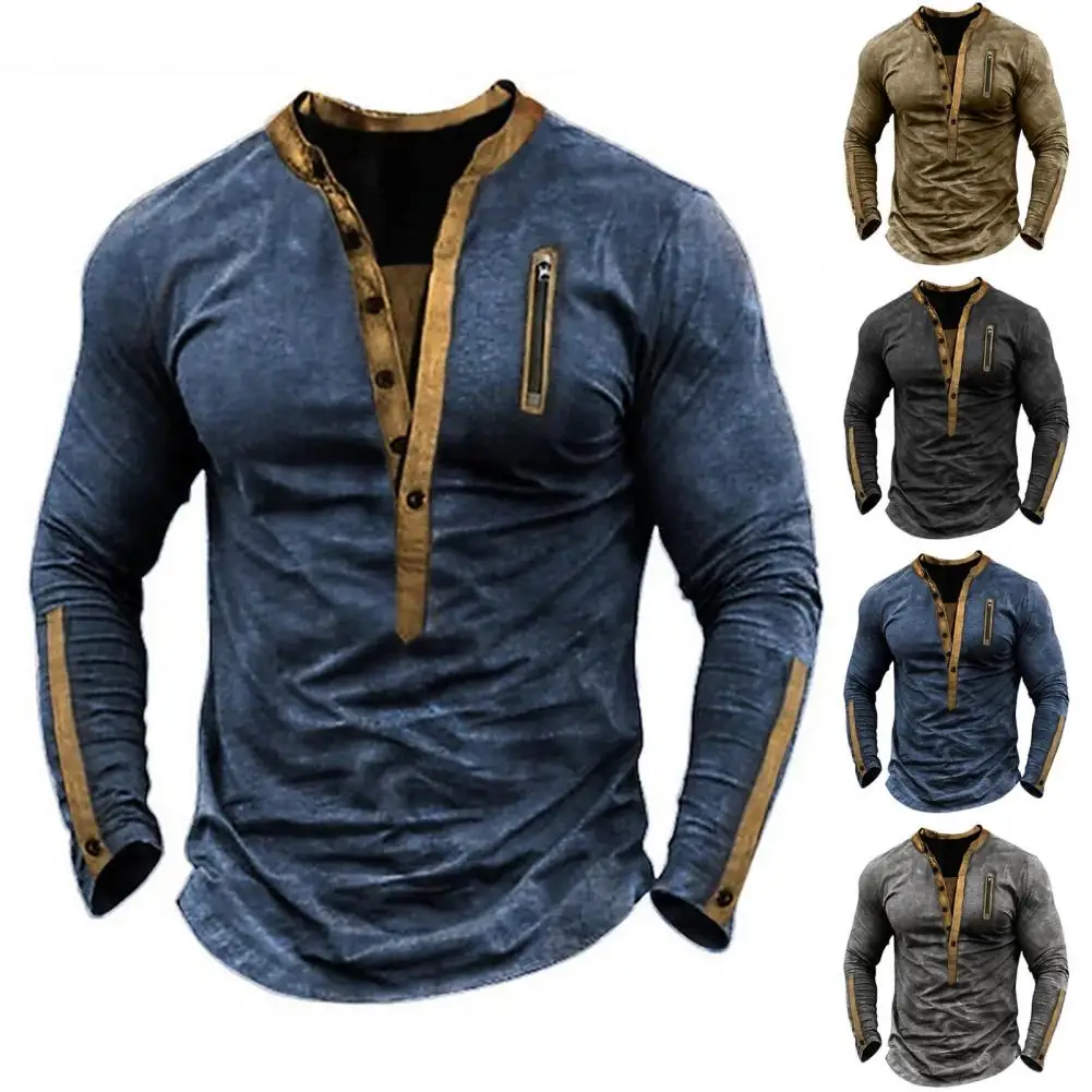 

Retro Style Men Top Vintage Color Matching Half Zipper Decor Soft Pullover V Neck Men's T-shirt Stylish Fall/spring Mid-length