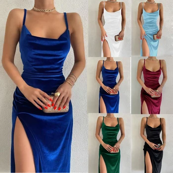 Velvet Swing Collar Sleeveless Slip Sexy Slit Maxi Dress Evening Party Women Elegant Streetwear Y2K 1