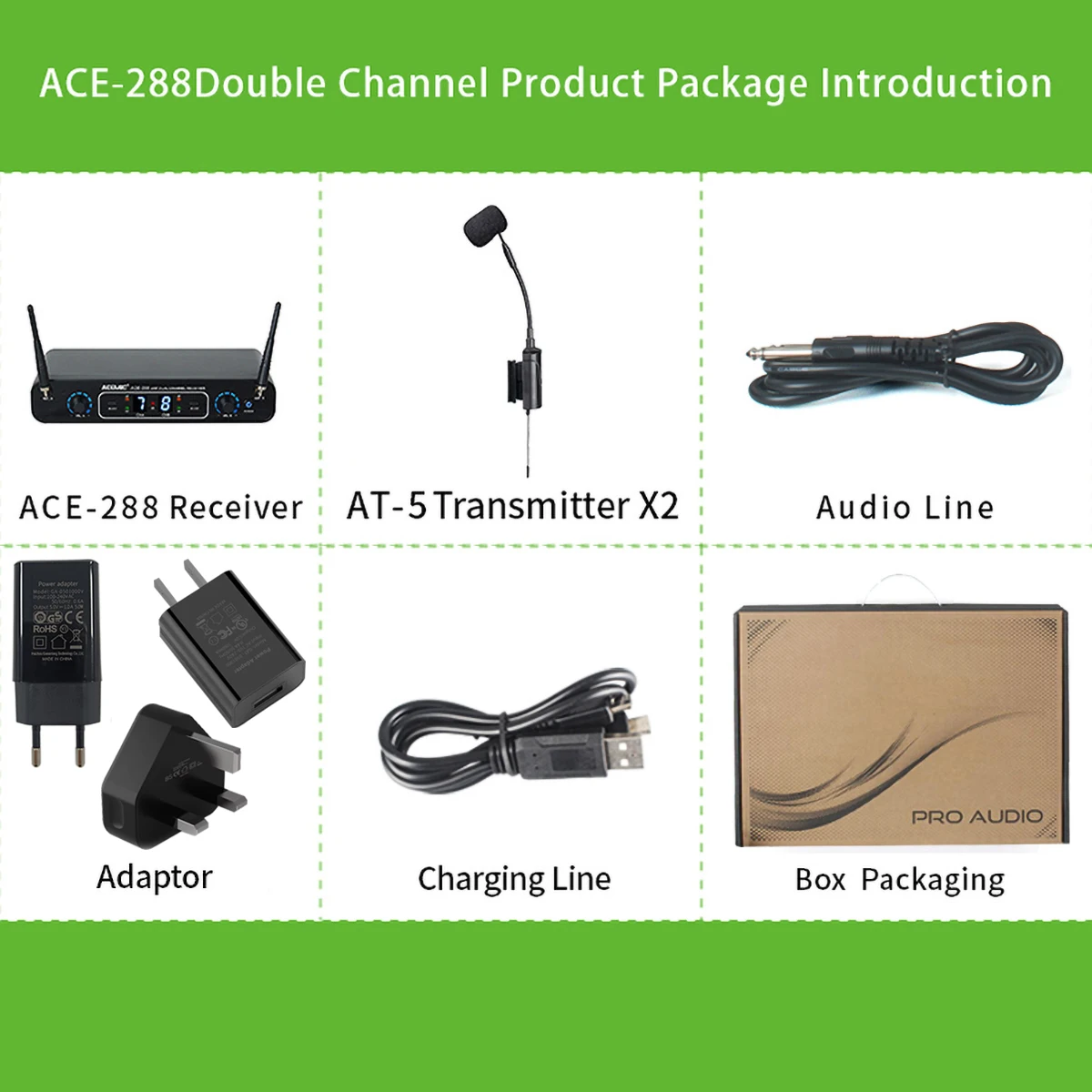 Acemic ACE-288/AT-5 무선 아코디언 마이크 시스템 UHF 듀얼 채널 버튼 또는 피아노 아코디언 무대 공연용